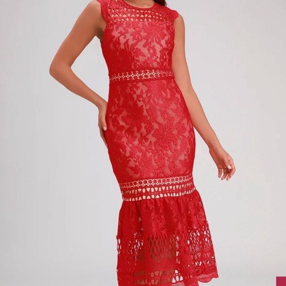 Lulus Charlee Red Lace Sleeveless Midi Dress Size Large - Picture 1 of 15